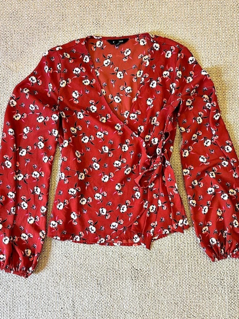 Express Floral V-Neck Long Sleeve Wrap Top, Red & Pink XXS
